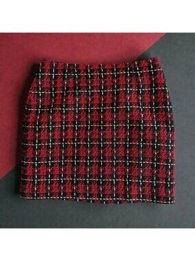 BOSTON PROPER Holiday Red Plaid Boucle Skirt Size 12 NEW NWOT